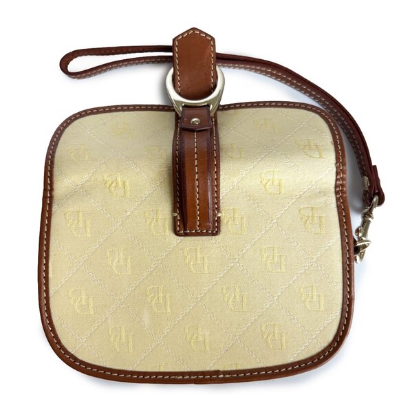 DOONEY & Bourke Wristlet Cream Jacquard DB Print Brown Leather Trim Vintage - Picture 4 of 6